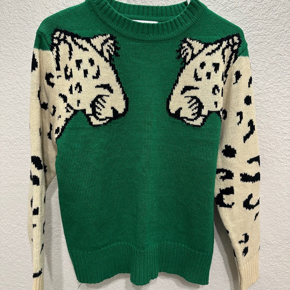 Angashion Leopard Sweater | Green Animal Print | Size M